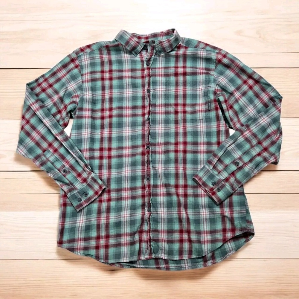 Columbia Mens L Green Red Plaid Long Sleeve Button-down Shirt 100% Cotton Casual